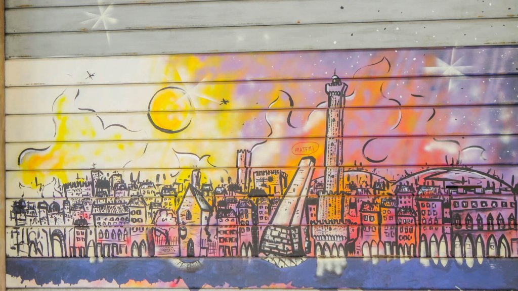 Grafitti, na ktorom je zobrazené mesto Bologna